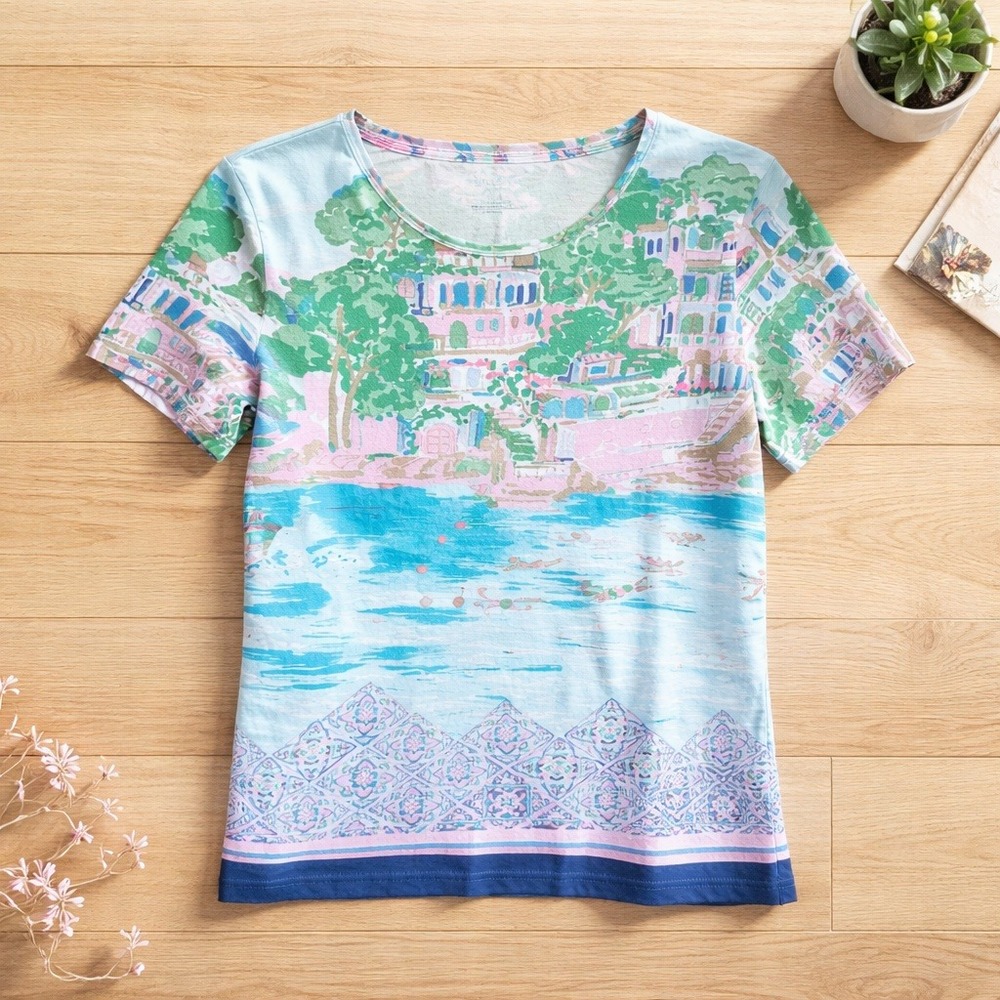 Talbots L Women's Destination Tee Coastal Village Graphic Blue Pink Green Travel